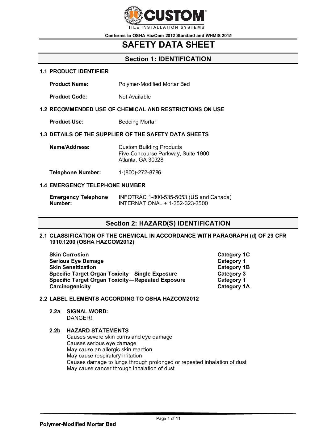 Polymer Modified Mortar Bed Safety Data Sheet – English