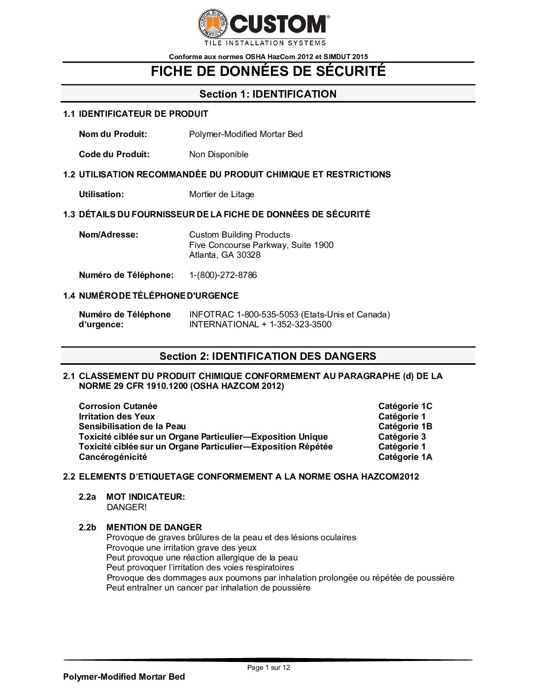 Polymer Modified Mortar Bed Safety Data Sheet – French